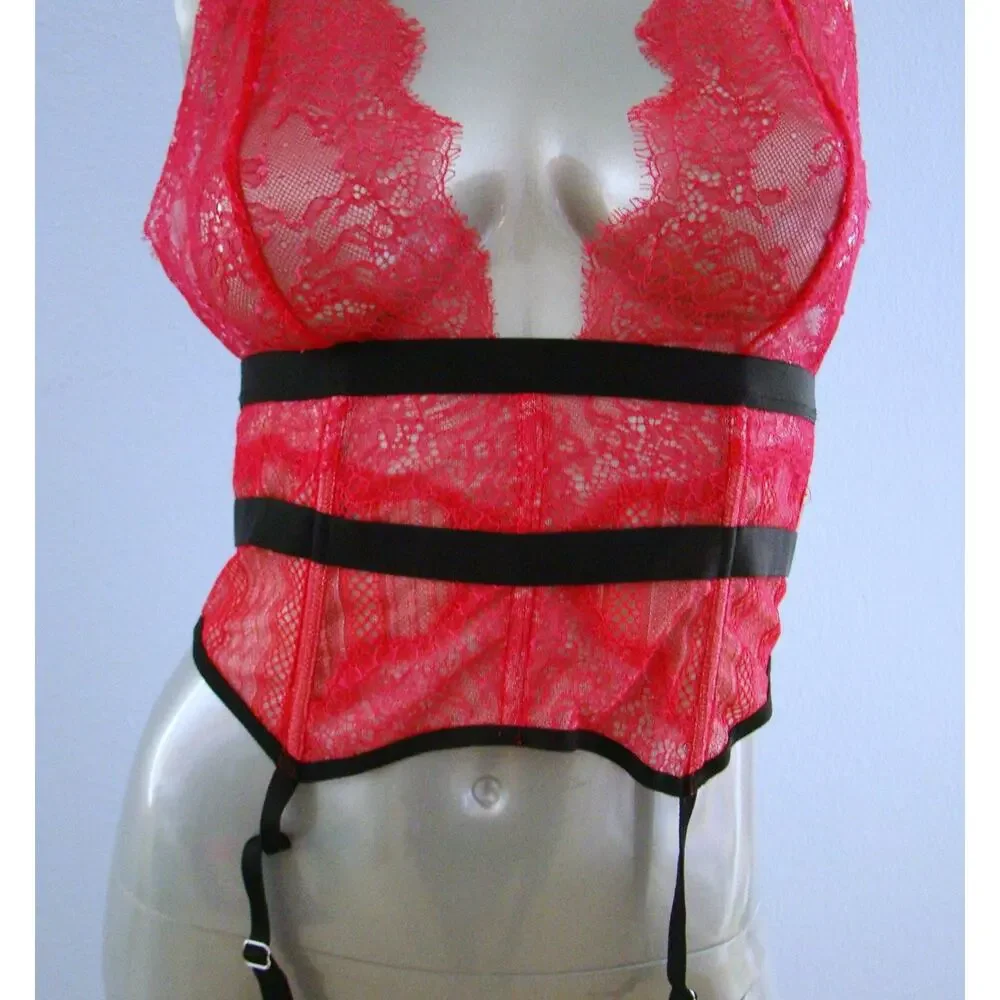 Victoria's Secret $248 Nwt Red Lace Plunge Strappy Halter Banded Garter Slip S